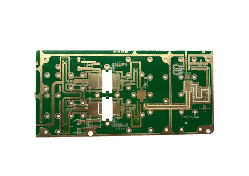 Long narrow circuit board with an edge connector and dense component placement.