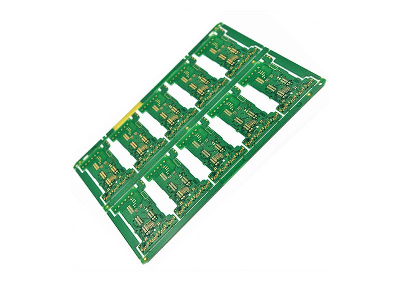Strip of six identical small circuit boards joined together, viewed from above.