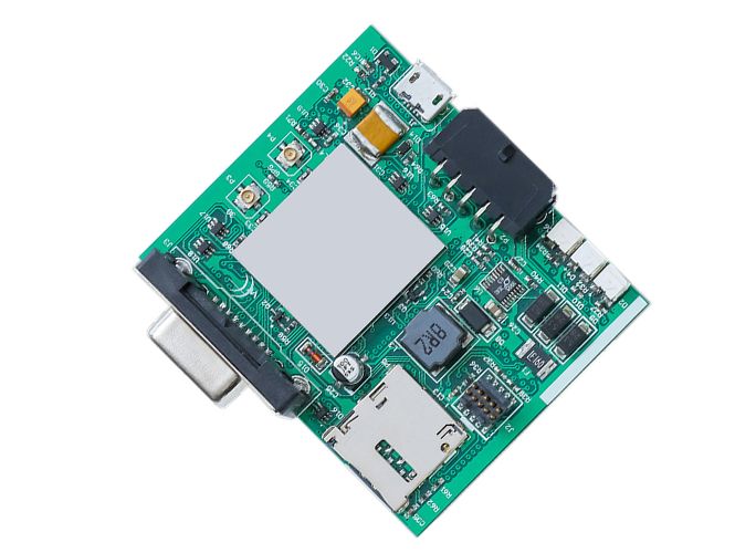 Circuit board with a metal shield can and a dense module area, on a white background.